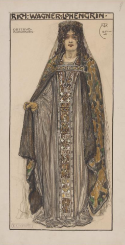 Frauenfigur in mittelalterlichem Kostüm, kolorierte Zeichnung mit Rahmen und Beschriftung