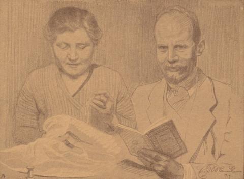 Eine nähende Frau und ein Mann mit einem Buch in der Hand, Zeichnung