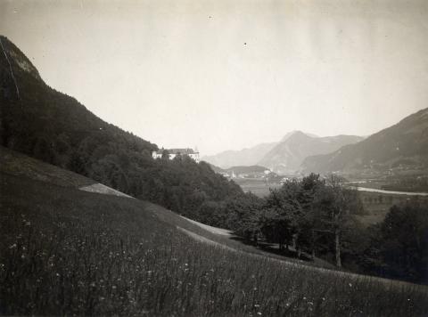Blick in ein Tal, auf einem Hügel hinter Bäumen ein Schloss, Schwarz-Weiß-Foto