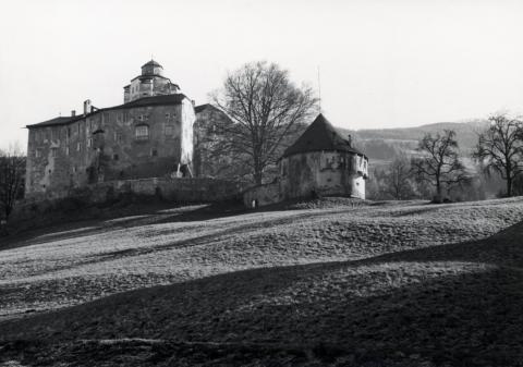 Burgartige Gebäude auf einem Hügel, Schwarz-Weiß-Foto