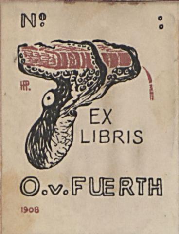 Zeichnung eines Oktobus, der ein Buch von unten umklammert - EX LIBRIS O. v. FUERTH